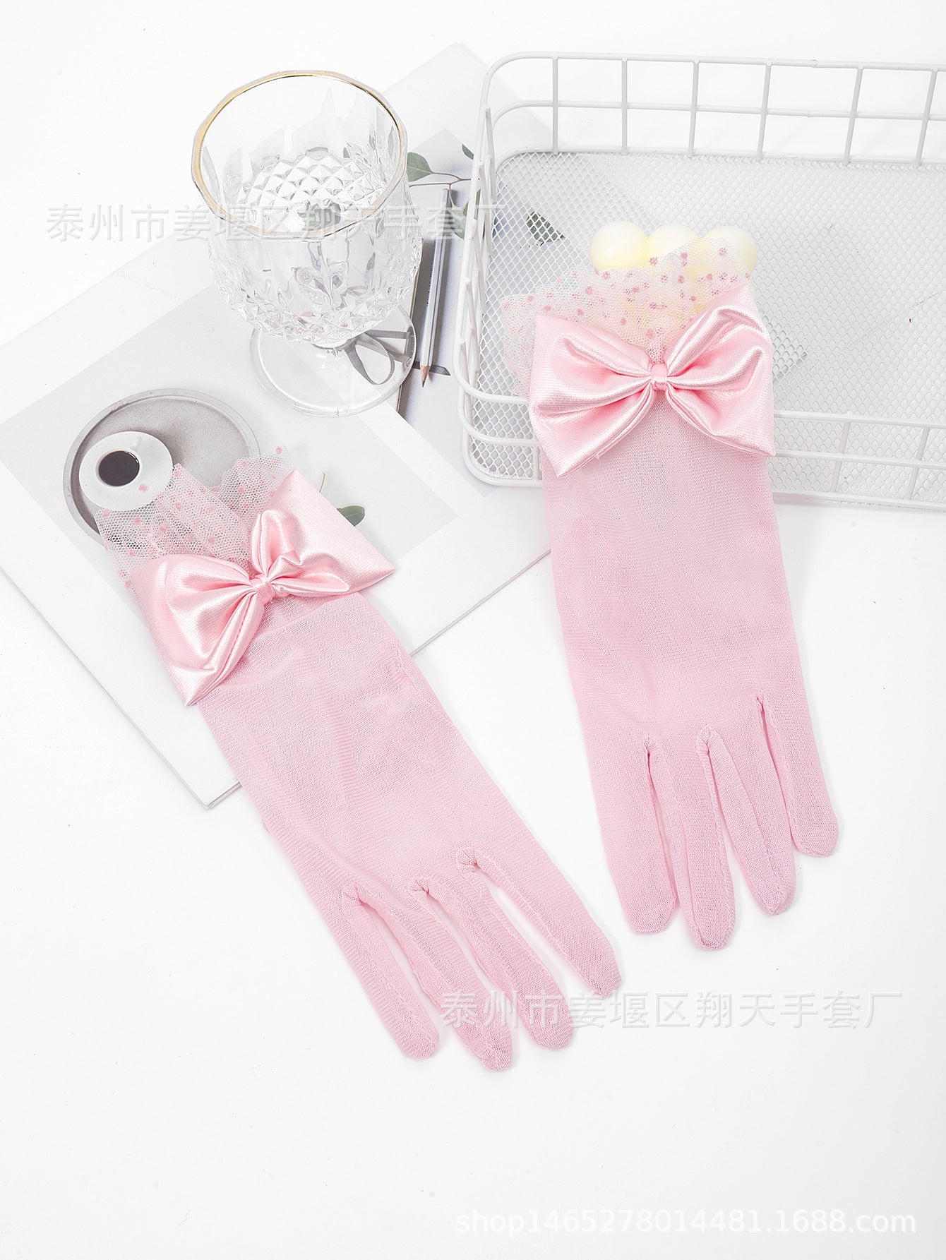 Wholesale Polka dot mesh black lace bow gloves